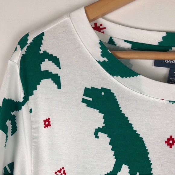 Women’s ModCloth pixel Christmas Dinosaur Print T-Shirt - White and Green small - Picture 3 of 5